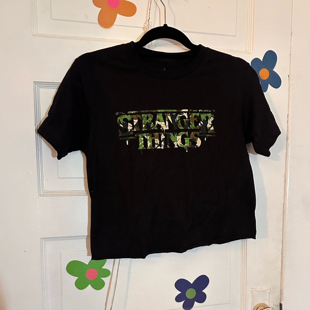 NWT Black Cropped Tee with Camo Stranger Things logo